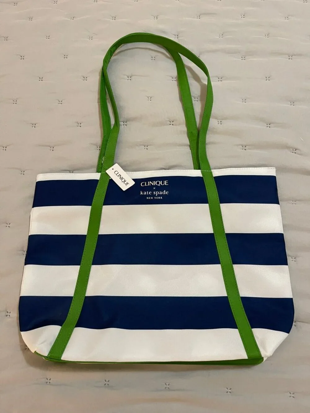 NWT Clinique x Kate Spade New York Navy White Stripe Green Handle Tote Bag